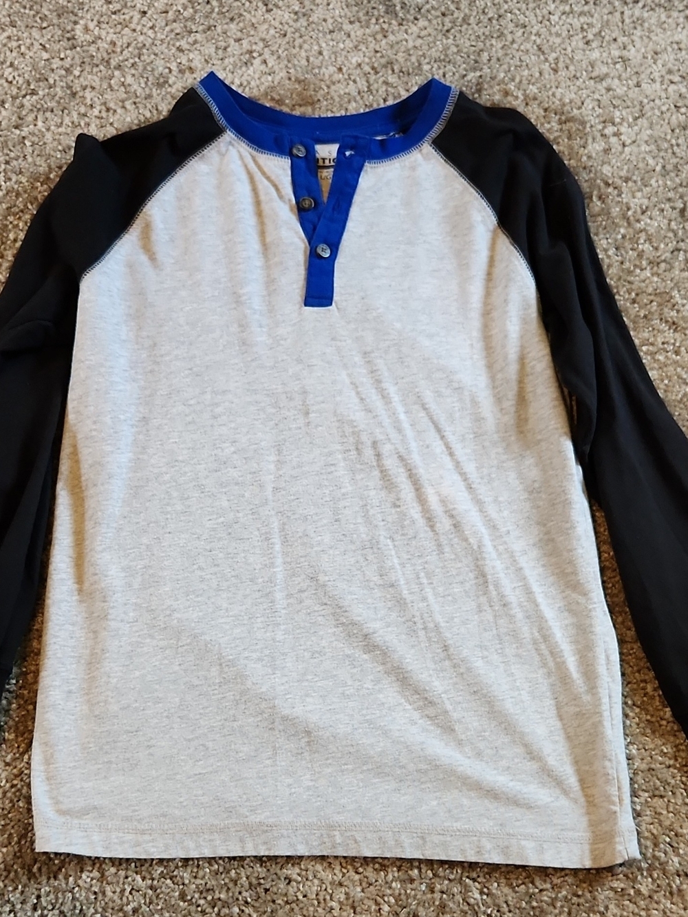Basic Editions Boys Gray Long Sleeve Henley Tee with Black Sleeves and Blue Trim